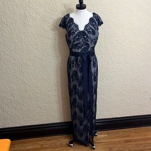 Blue, size 14, evening gown from Tadashi Shoji.